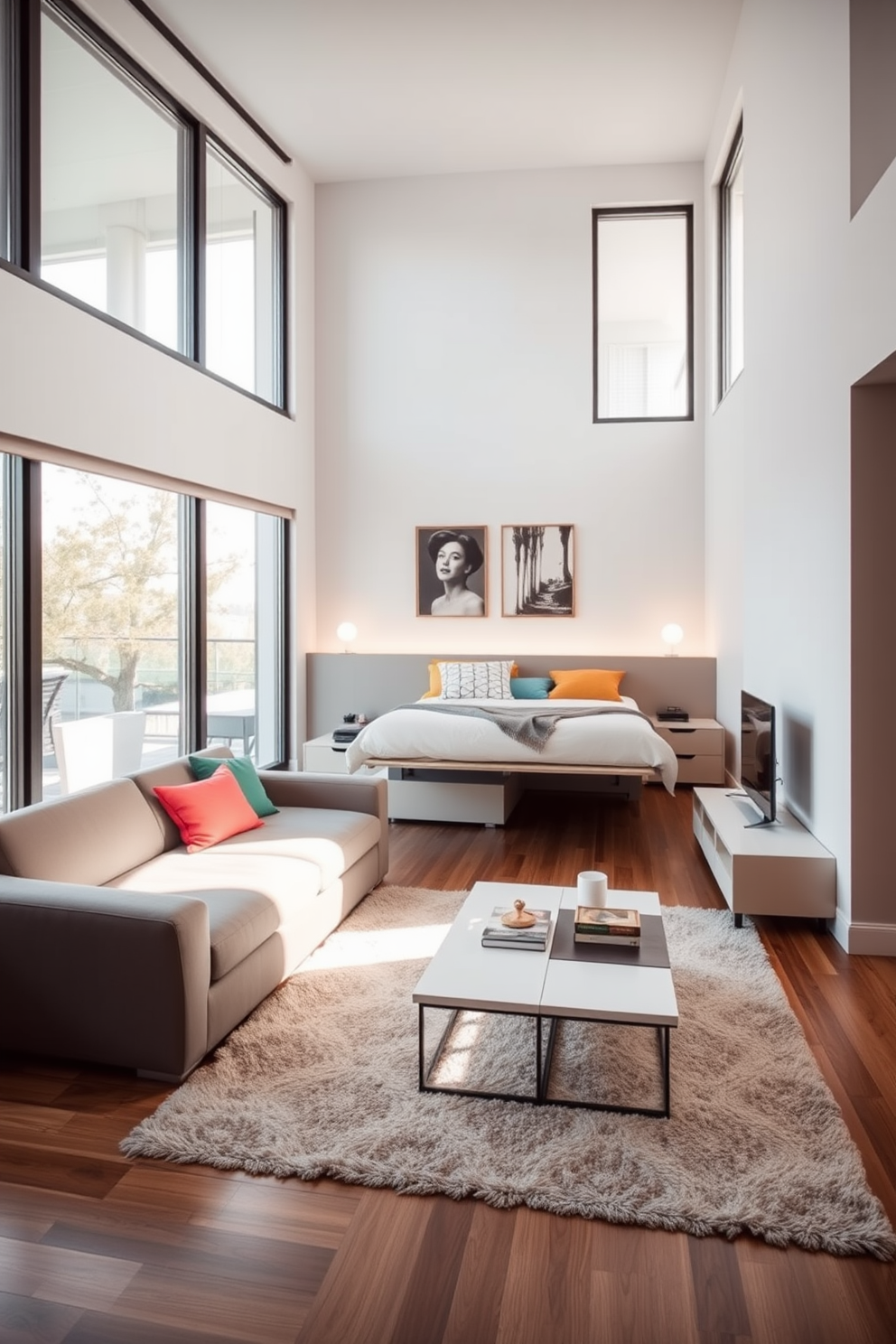 A stylish bedroom living room combo featuring modular furniture that allows for easy reconfiguration. The space includes a sleek sofa that transforms into a bed, paired with a multifunctional coffee table that doubles as a storage unit. Soft lighting creates a warm ambiance, with floor-to-ceiling windows offering natural light. A neutral color palette is complemented by vibrant accent pillows and a cozy area rug that ties the room together.