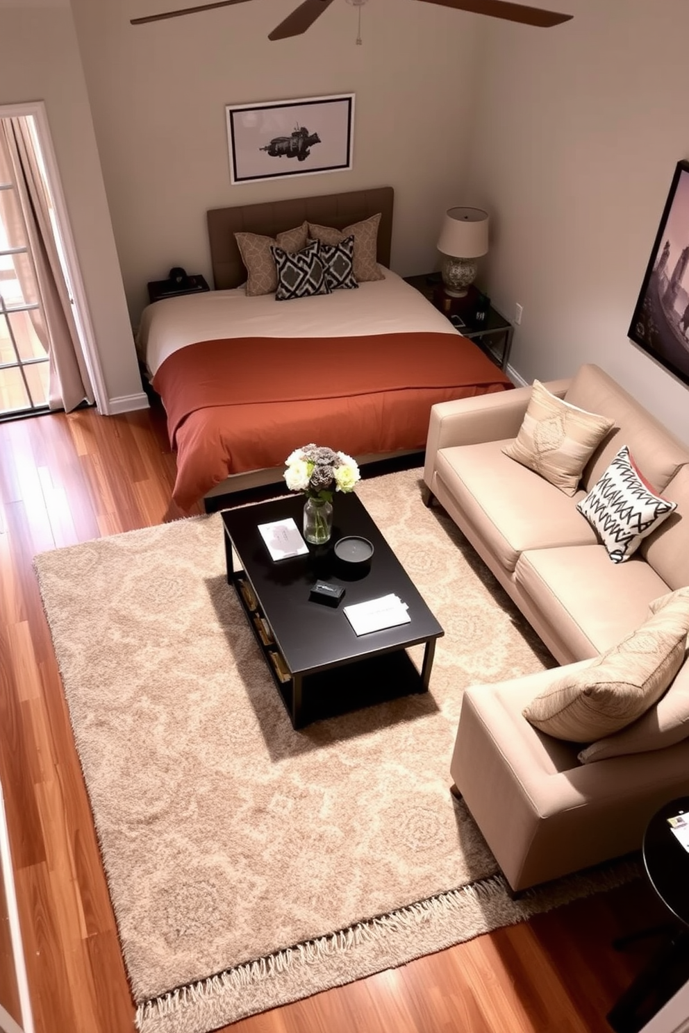 A cozy bedroom living room combo featuring layered rugs for added texture. The space includes a plush area rug in a soft neutral tone layered over a larger, patterned rug that adds depth and interest. In the bedroom corner, a comfortable bed is adorned with decorative pillows that complement the rug colors. The living area boasts a stylish sofa facing a modern coffee table, creating an inviting atmosphere for relaxation and socializing.