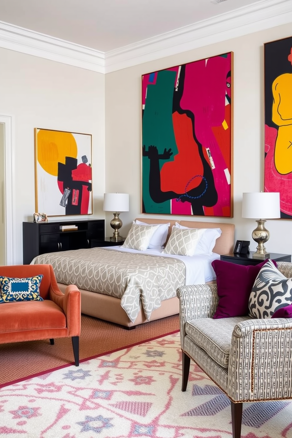 Bright artwork to energize the space. The walls are adorned with large, colorful paintings that add vibrancy and personality to the room. In the bedroom area, a plush bed with a bold patterned duvet sits against a neutral backdrop. The living room features a stylish sofa paired with accent chairs, creating a cozy yet lively atmosphere.