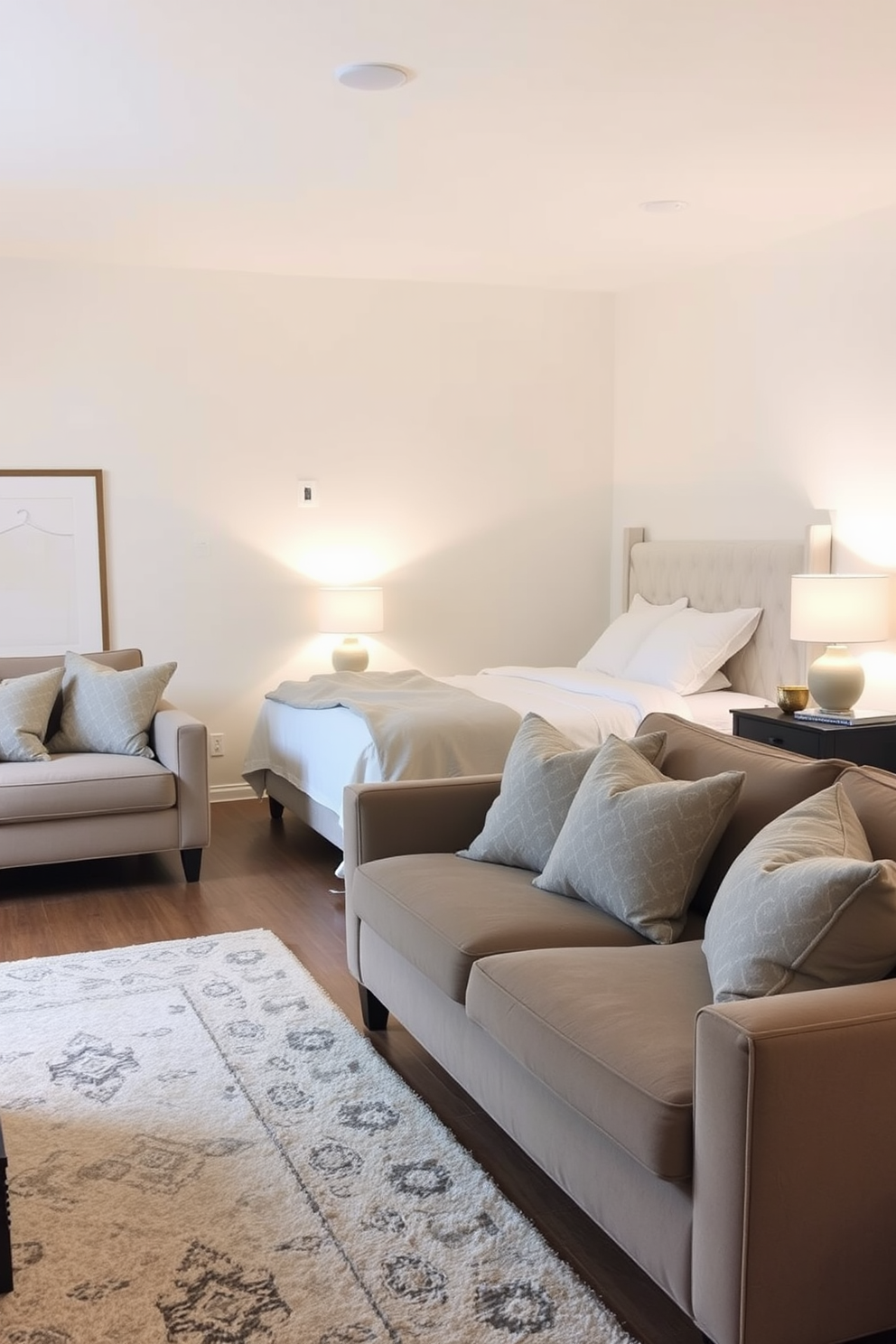 A serene bedroom and living room combo featuring a neutral color palette that promotes calm vibes. The space includes a plush beige sofa adorned with soft throw pillows and a cozy area rug that anchors the seating area. In the bedroom section, a queen-sized bed is dressed in crisp white linens and layered with a light gray throw blanket. Soft ambient lighting from bedside lamps creates a warm and inviting atmosphere throughout the combined space.