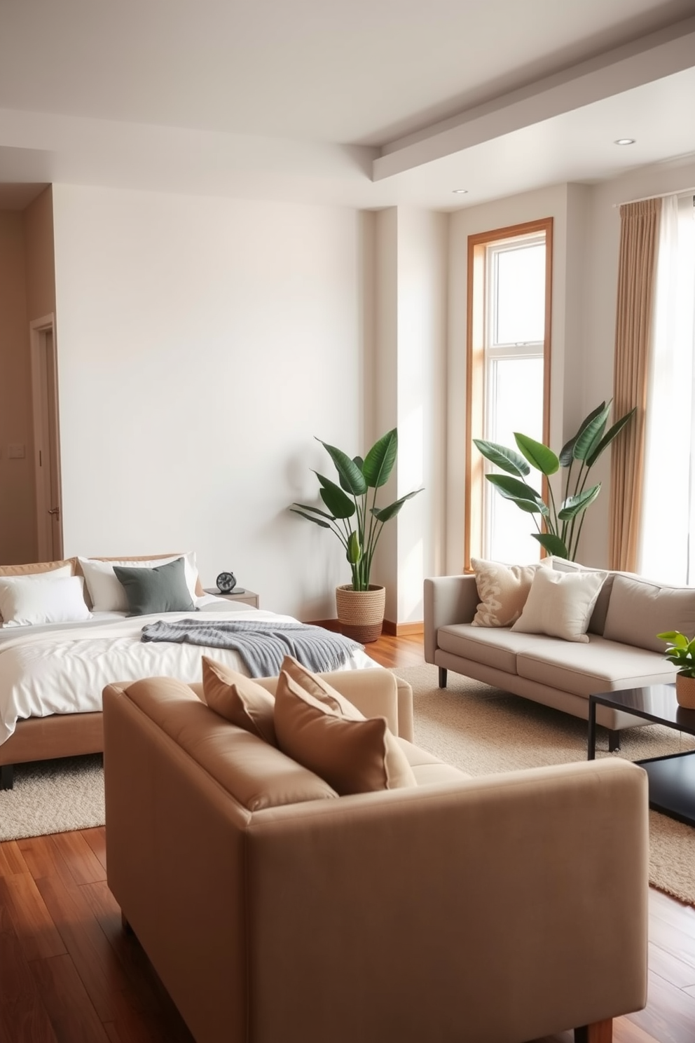 A vibrant bedroom and living room combo featuring bright accent colors that create a lively atmosphere. The walls are painted in a soft neutral tone, while bold throw pillows and a colorful area rug add pops of color. In the bedroom area, a striking artwork with vivid hues hangs above the bed, complemented by a bright bedside lamp. The living room showcases a fun, patterned sofa paired with a cheerful coffee table that enhances the overall design.