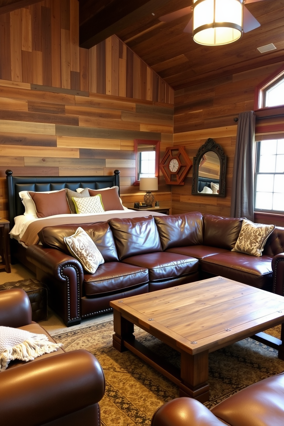 A cozy bedroom features rustic wooden furniture with a large reclaimed wood bed frame adorned with soft white linens. The room is decorated with vintage decor items such as a wooden trunk at the foot of the bed and a pair of antique bedside tables. The man cave design showcases a warm atmosphere with dark wooden beams on the ceiling and leather seating arrangements. A custom-built wooden bar is positioned against one wall, complemented by rustic shelves displaying an assortment of spirits and memorabilia.