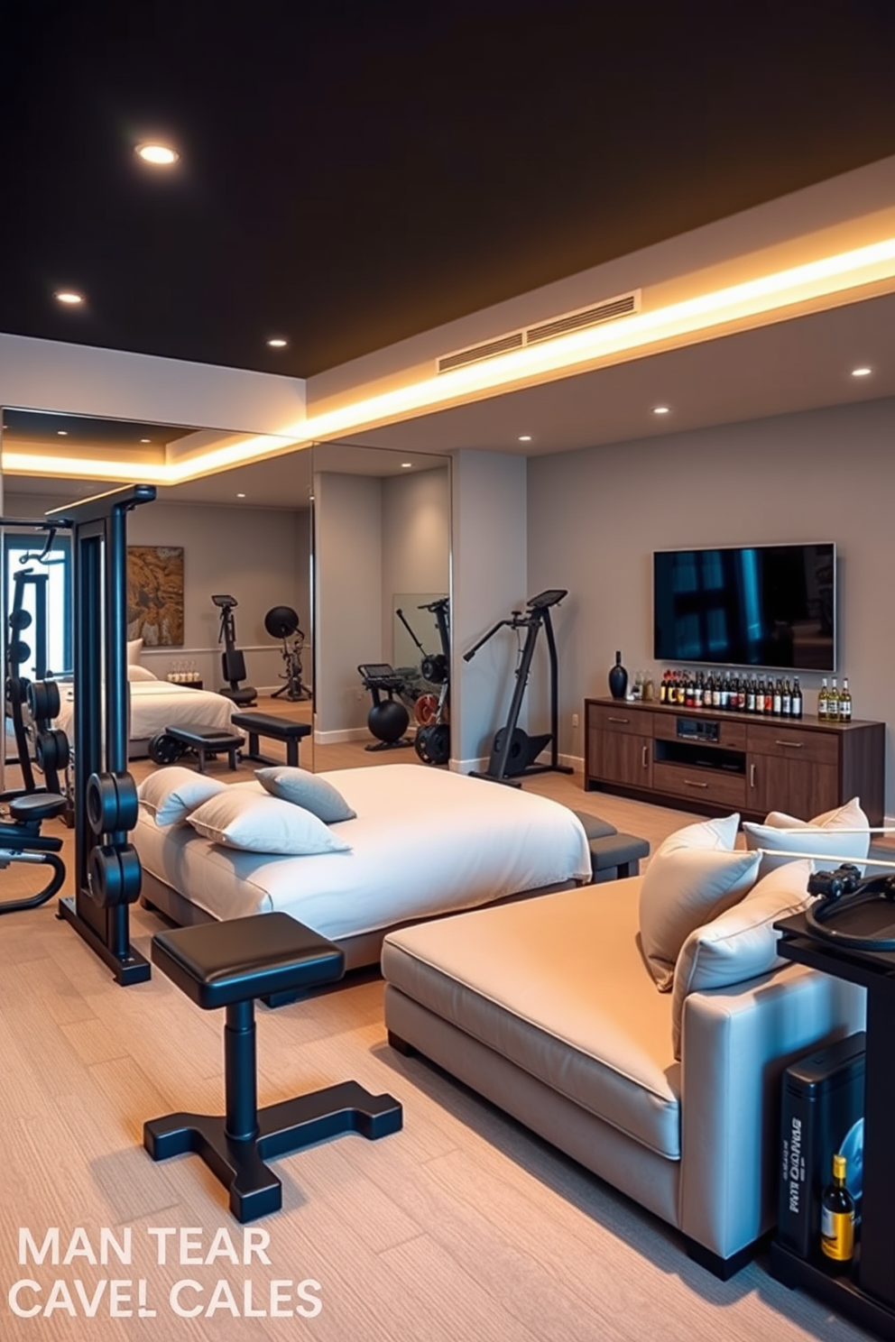 Personal gym with weights and equipment. The space features a large mirror on one wall reflecting a variety of free weights and machines. Bedroom designed for relaxation and comfort. Soft neutral colors dominate the space, complemented by plush bedding and ambient lighting for a cozy atmosphere. Man Cave Design Ideas that prioritize entertainment and leisure. The room includes a large sectional sofa, a big screen TV, and a mini bar stocked with beverages.