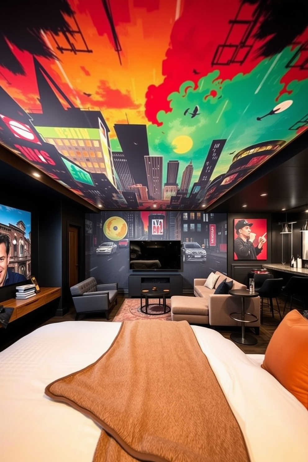 A vibrant bedroom featuring an artistic wall mural that captures the essence of urban life. The mural is a stunning blend of colors and shapes, creating a focal point above the bed. A cozy man cave designed for relaxation and entertainment. The space includes a plush sectional sofa, a large flat-screen TV, and a bar area with stylish stools, all set against a backdrop of dark, rich colors.