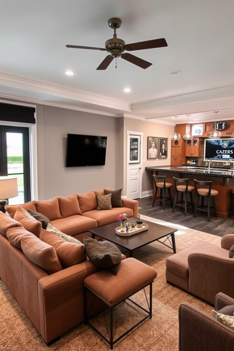 A stylish wall-mounted guitar display rack showcases an impressive collection of guitars in a creative arrangement. The rack is made of dark wood, adding warmth to the room, and is illuminated by soft LED lights to highlight each instrument. The bedroom man cave features a cozy seating area with a plush leather couch and a vintage coffee table. Dark wall colors and soundproofing panels create an inviting atmosphere for relaxation and entertainment.