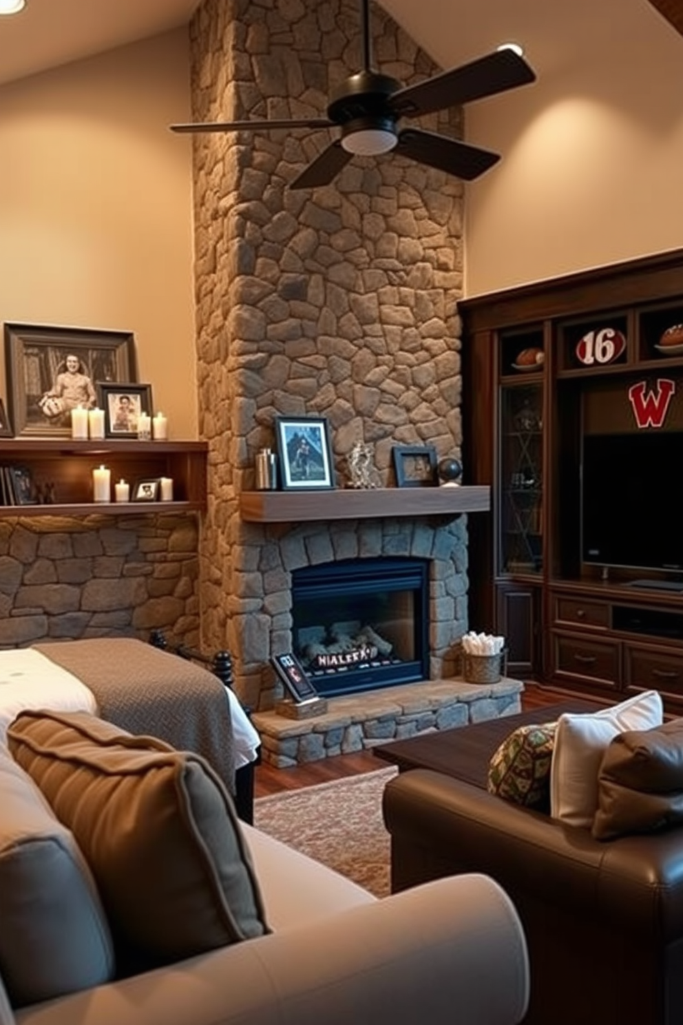 A cozy fireplace serves as the focal point of a warm and inviting living room. It features a rustic stone surround with a wooden mantel adorned with family photos and candles. The bedroom exudes tranquility with soft lighting and plush bedding. A stylish headboard complements the calming color palette, creating a serene retreat. The man cave is designed for relaxation and entertainment, showcasing a large flat-screen TV and comfortable seating. Dark wood accents and sports memorabilia add personality to the space.