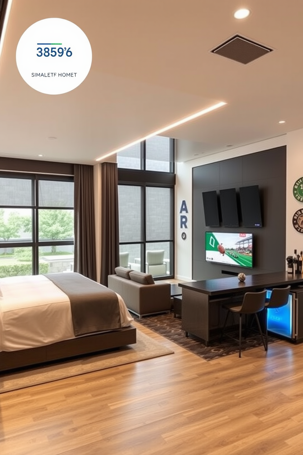 A tech-savvy space equipped with smart home features. The room includes automated lighting, a voice-controlled sound system, and a smart thermostat for optimal comfort. The bedroom features a sleek modern design with a king-sized bed and integrated charging stations. Floor-to-ceiling windows provide ample natural light, complemented by blackout curtains for privacy. The man cave design incorporates a large sectional sofa facing a wall-mounted flat-screen TV. A wet bar with stylish stools and a mini-fridge enhances the entertainment experience, while sports memorabilia decorates the walls.