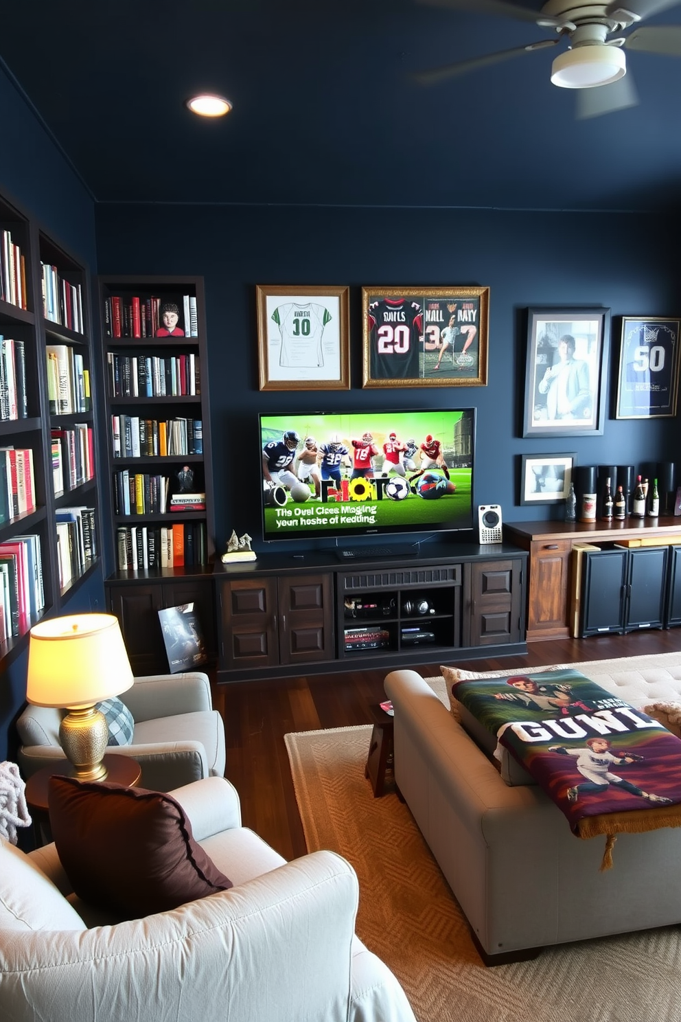 A cozy bedroom designed around a love for reading. There are built-in bookshelves lining one wall, filled with an array of novels and decorative bookends. A plush armchair sits in the corner, accompanied by a small side table holding a reading lamp. The bedding features a literary-themed duvet cover, and artwork depicting famous authors adorns the walls. A man cave that reflects a passion for sports and gaming. The walls are painted in deep navy, with framed jerseys and memorabilia displayed prominently. A large sectional sofa faces a state-of-the-art entertainment center, complete with a big-screen TV and sound system. A rustic bar area, stocked with favorite beverages, adds to the inviting atmosphere.