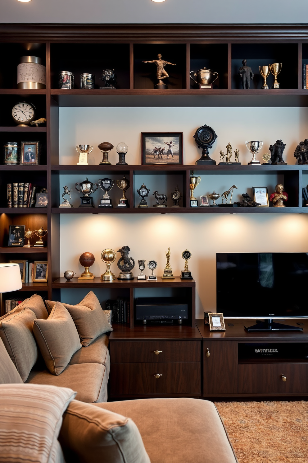 Custom shelving for collectibles and trophies. The shelves are crafted from dark wood and feature a sleek design that showcases the items beautifully. Bedroom Man Cave Design Ideas. The space includes a plush sectional sofa, a large flat-screen TV, and ambient lighting for a cozy atmosphere.