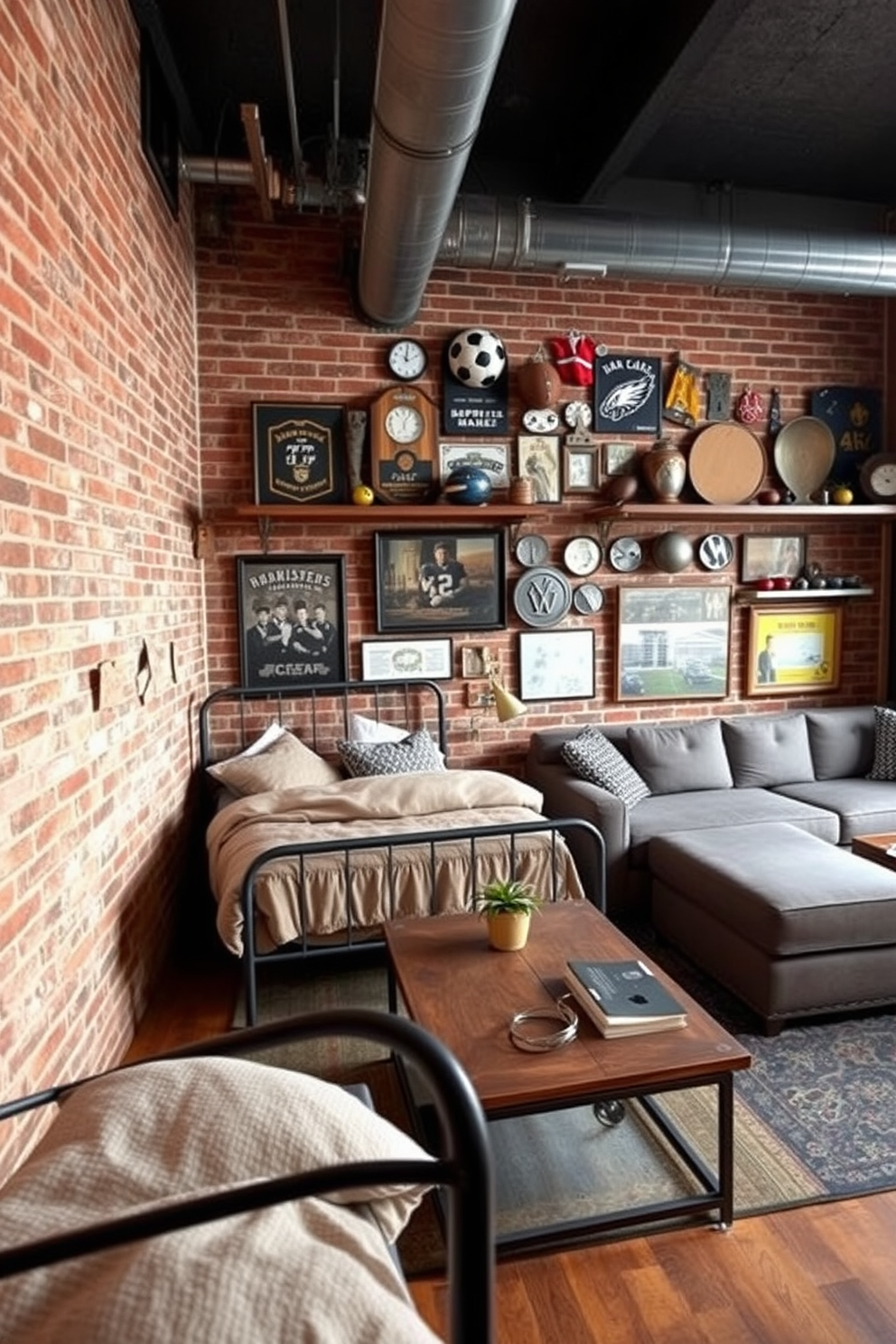 A vintage sports memorabilia wall display features an array of framed jerseys, autographed photographs, and vintage equipment. The wall is painted in a deep navy blue, providing a striking backdrop for the collection. The man cave design includes a plush leather sofa, a sleek coffee table, and a large flat-screen TV mounted on the wall. Ambient lighting fixtures and a small bar area create a cozy and inviting atmosphere for relaxation and entertainment.