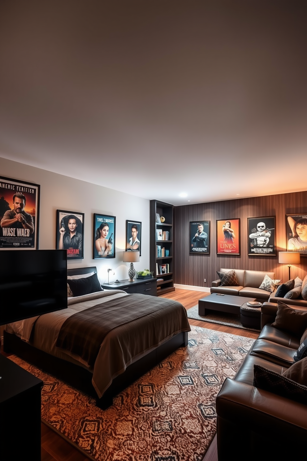 A cozy bedroom featuring framed posters of favorite movies on the walls. The room is designed with a comfortable king-size bed, a plush area rug, and soft ambient lighting to create a relaxing atmosphere. A stylish man cave with a dedicated entertainment area showcasing framed posters of classic films. The space includes a large sectional sofa, a sleek coffee table, and a big-screen TV, all complemented by dark wood accents and industrial lighting.