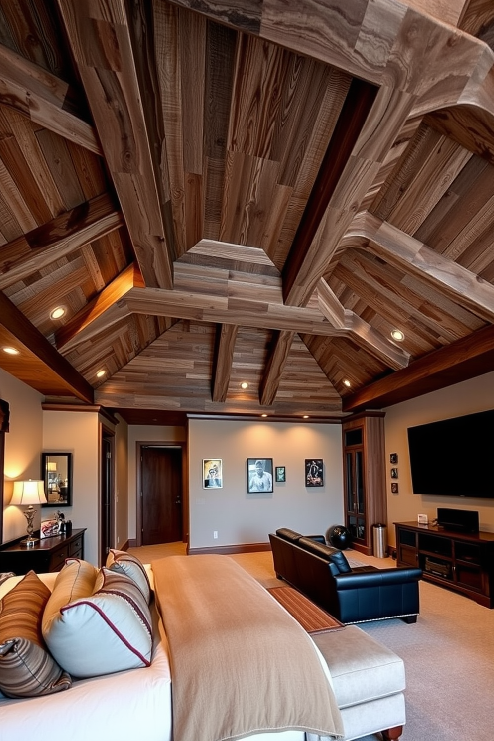 A stunning bedroom featuring unique ceiling designs with exposed wooden beams that add warmth and character. The walls are painted in a soft neutral tone, complementing the rich textures of the ceiling and creating a cozy atmosphere. An inviting man cave designed for relaxation and entertainment, showcasing plush seating and a large flat-screen TV. The walls are adorned with sports memorabilia and the lighting is dimmed to create a perfect ambiance for movie nights.