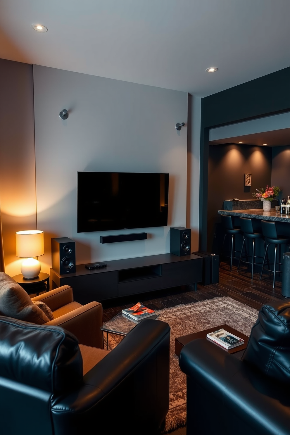 A sleek entertainment system is centered against a feature wall, showcasing a large flat-screen TV mounted above a modern media console. Surround sound speakers are strategically placed around the room, creating an immersive audio experience for movie nights. The bedroom features a cozy reading nook with a plush armchair and a small side table, perfect for relaxing with a book. Soft, ambient lighting creates a warm and inviting atmosphere, complemented by a stylish area rug underfoot. The man cave is designed with a bold color palette, featuring dark walls and leather furniture that exudes masculinity. A custom bar area with high stools and a selection of spirits adds to the entertainment options, making it the ultimate retreat for relaxation and fun.