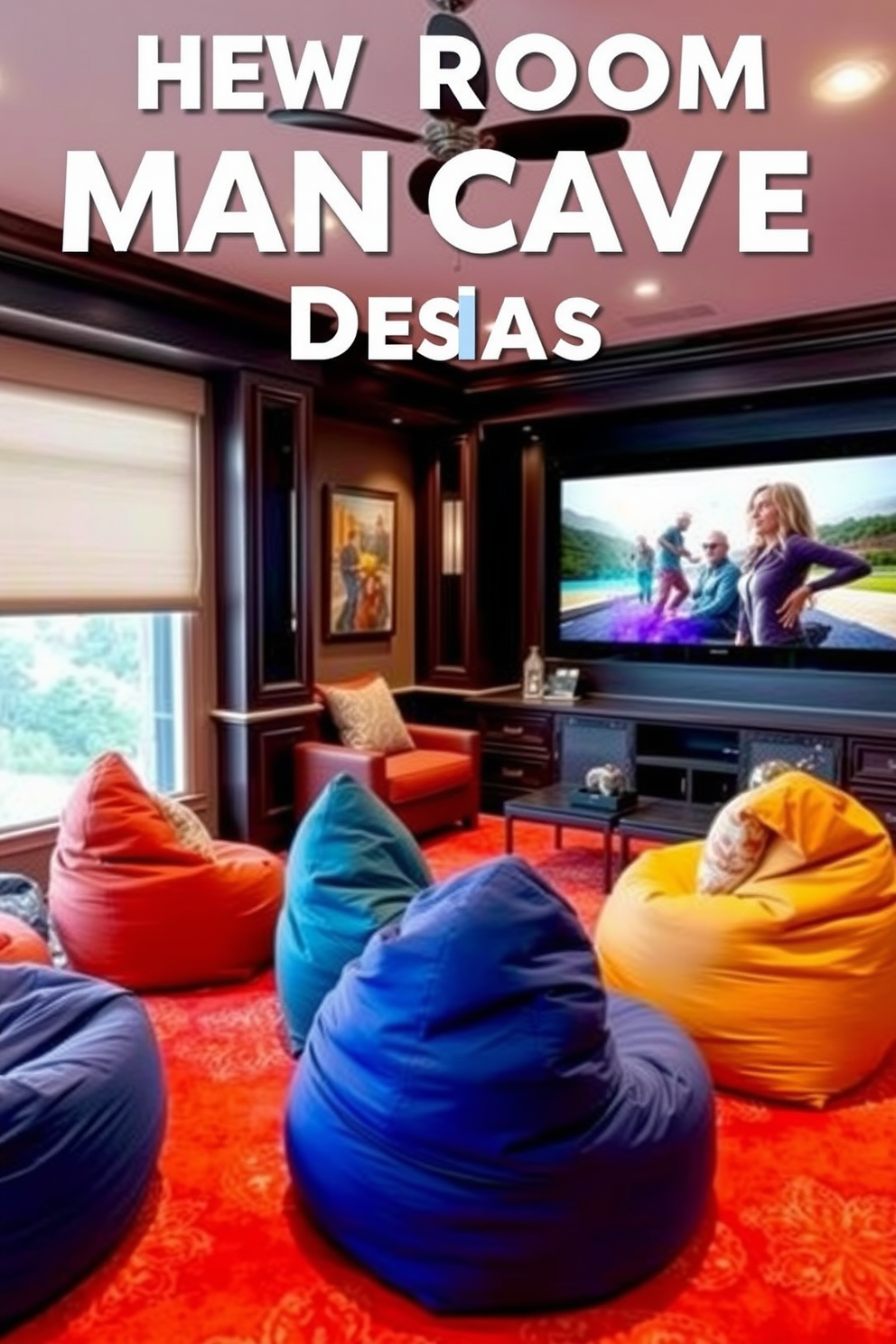 Comfortable bean bags for casual seating. The room is filled with vibrant colors and soft textures, creating an inviting atmosphere for relaxation. Bedroom Man Cave Design Ideas. The space features dark wood accents, plush seating, and a large screen for entertainment, blending comfort with style.