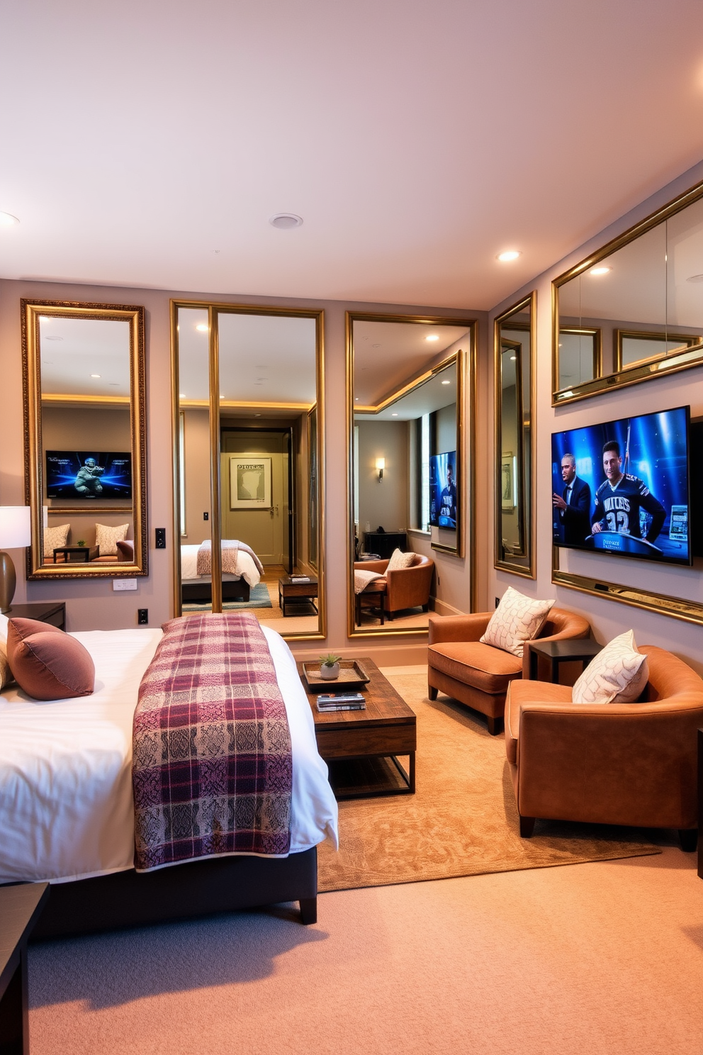 A decorative ladder made of reclaimed wood leans against the wall in a cozy bedroom, elegantly displaying a variety of soft blankets in neutral tones. The ladder's rustic charm complements the warm color palette of the room, creating a welcoming and stylish atmosphere. The man cave features a plush sectional sofa in deep navy blue, positioned to face a large flat-screen TV mounted above a sleek, modern fireplace. Industrial-style lighting fixtures hang from the ceiling, illuminating the space and enhancing the masculine vibe with a touch of sophistication.