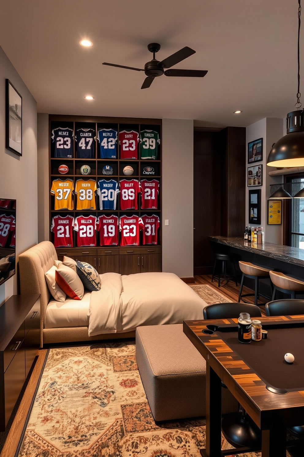 A stylish sports memorabilia display and lounge area featuring a custom-built shelving unit filled with framed jerseys and signed balls. The lounge includes a comfortable sectional sofa with a large flat-screen TV mounted on the wall, creating a perfect space for entertaining guests. A serene bedroom design with a plush king-sized bed dressed in luxurious linens and an upholstered headboard. Soft ambient lighting and a cozy reading nook by the window enhance the tranquil atmosphere of the space. A dynamic man cave design with a rustic bar area complete with high-top stools and a selection of craft beers. The walls are adorned with vintage posters and memorabilia, while a pool table and comfortable seating create an inviting space for friends to gather.