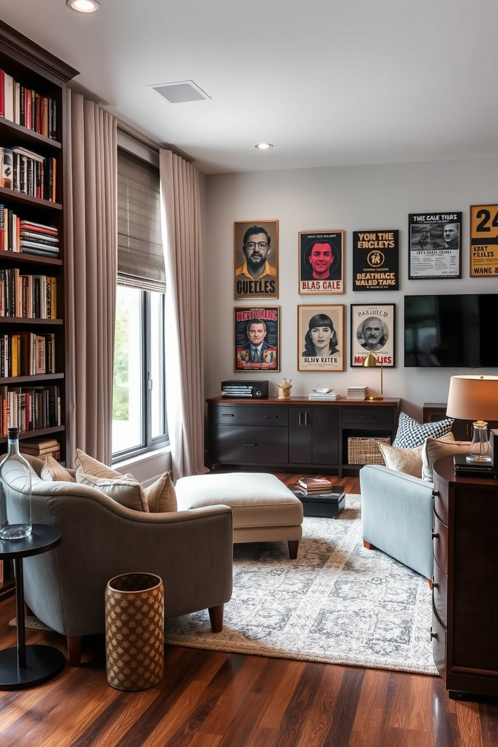 A spacious bedroom featuring industrial style metal shelving units against a brick wall. The shelves are filled with an eclectic mix of books, plants, and decorative items, creating a personalized touch. The man cave design incorporates a comfortable leather sofa and a sleek coffee table. Ambient lighting highlights the industrial elements, while sports memorabilia adds a playful character to the space.