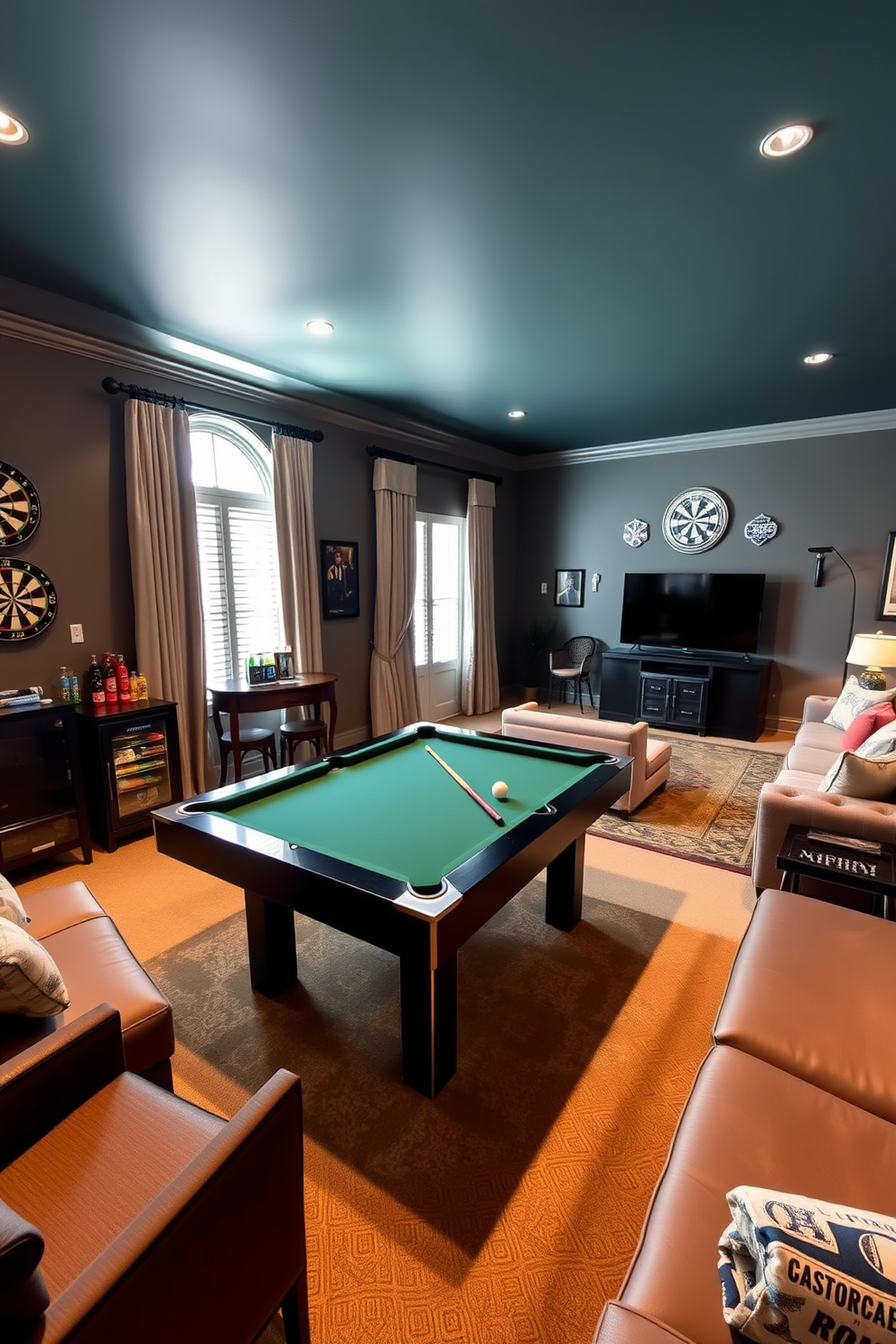 A cozy bedroom featuring dark walls painted in deep navy blue, complemented by bold accent colors like mustard yellow and emerald green. The space includes a plush king-sized bed with a tufted headboard, layered with textured throw pillows and a chunky knit blanket. The room is designed as a man cave, incorporating a stylish leather armchair in the corner and a modern coffee table made of reclaimed wood. A large flat-screen TV is mounted on the wall opposite the bed, while artwork featuring abstract designs adds a touch of sophistication to the overall aesthetic.