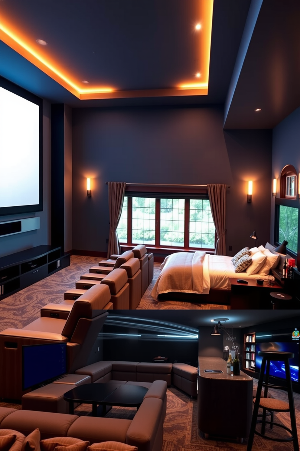 A luxurious home theater setup featuring a large projector screen mounted on the wall. Plush reclining seats are arranged in a staggered formation, with ambient lighting providing a warm glow throughout the space. A cozy bedroom design with a king-sized bed dressed in soft linens and an oversized headboard. The walls are painted in a calming blue shade, and large windows allow natural light to flood the room. A stylish man cave designed for relaxation and entertainment. The space includes a comfortable sectional sofa, a large flat-screen TV, and a bar area complete with high stools and a mini fridge.