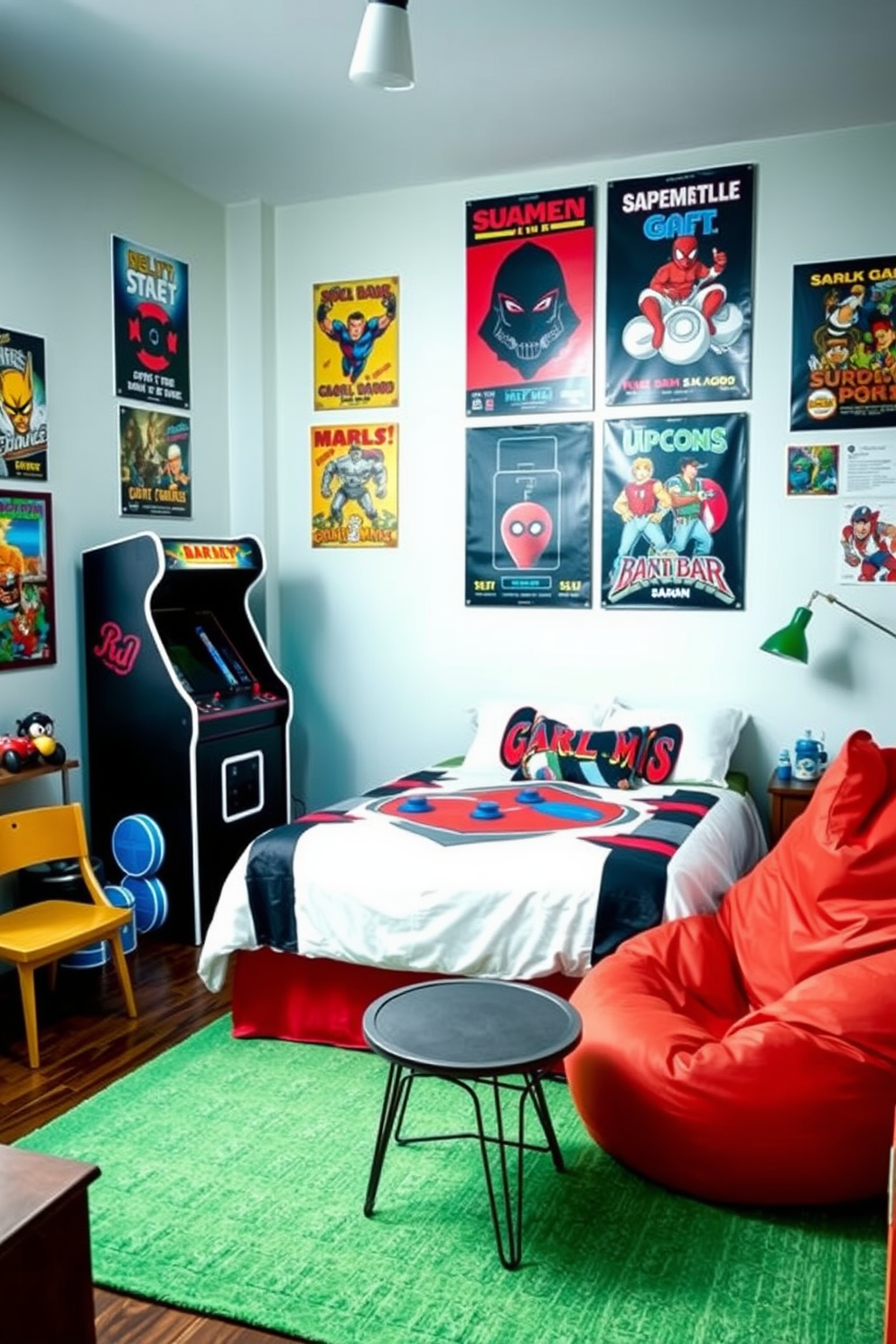 A cozy bedroom featuring vintage arcade games and retro decor. The walls are adorned with colorful posters of classic video games, and a vintage arcade cabinet stands proudly in one corner. The bed is dressed in bold, graphic bedding that echoes the vibrant colors of the arcade games. A retro bean bag chair sits next to a small coffee table, creating a perfect spot for relaxation and gaming.