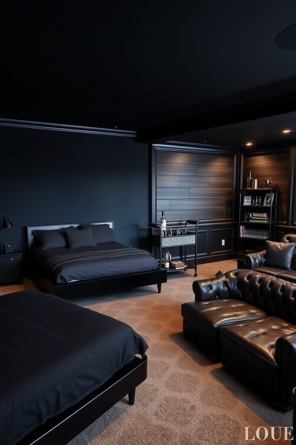 A moody bedroom featuring a dark color palette with deep navy walls and charcoal gray bedding. The room is accented with black furniture including a sleek platform bed and a minimalist nightstand. A cozy man cave designed with dark wood paneling and leather furniture for a sophisticated feel. The space includes a large sectional sofa, a vintage bar cart, and ambient lighting to enhance the moody atmosphere.