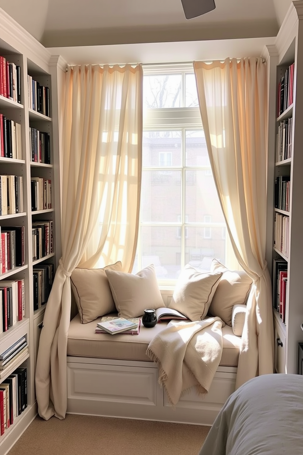 Cozy window seat with plush cushions nestled in a sunlit corner of the bedroom. The seat is framed by sheer curtains that gently diffuse the natural light, creating an inviting atmosphere. Surrounded by bookshelves filled with an array of novels, the reading nook features a small side table for beverages. A soft throw blanket is draped over the cushions, enhancing the comfort of this serene retreat.