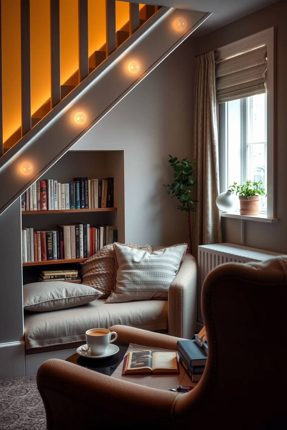 A charming nook under the stairs features soft ambient lighting that creates a warm and inviting atmosphere. Plush cushions and a small bookshelf filled with favorite novels make this space perfect for relaxation. The bedroom reading nook is designed with a comfortable armchair positioned near a window for natural light. A small side table holds a steaming cup of tea and a stack of books, inviting leisurely afternoons spent reading.