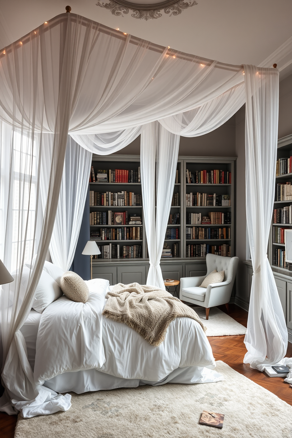 A luxurious canopy bed draped in soft white fabric creates an inviting focal point in the bedroom. The bed is adorned with plush pillows and a cozy throw, while delicate fairy lights add a touch of magic above. A serene reading nook is nestled by a large window, featuring a comfortable armchair and a small side table. Bookshelves line the walls, filled with a curated selection of novels, and a soft rug anchors the space, inviting relaxation.