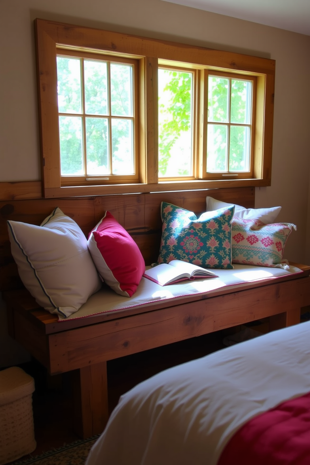 A cozy bedroom reading nook features a reclaimed wood bench adorned with soft, colorful pillows that invite relaxation. Natural light streams in from a nearby window, illuminating the space and creating a warm, inviting atmosphere.