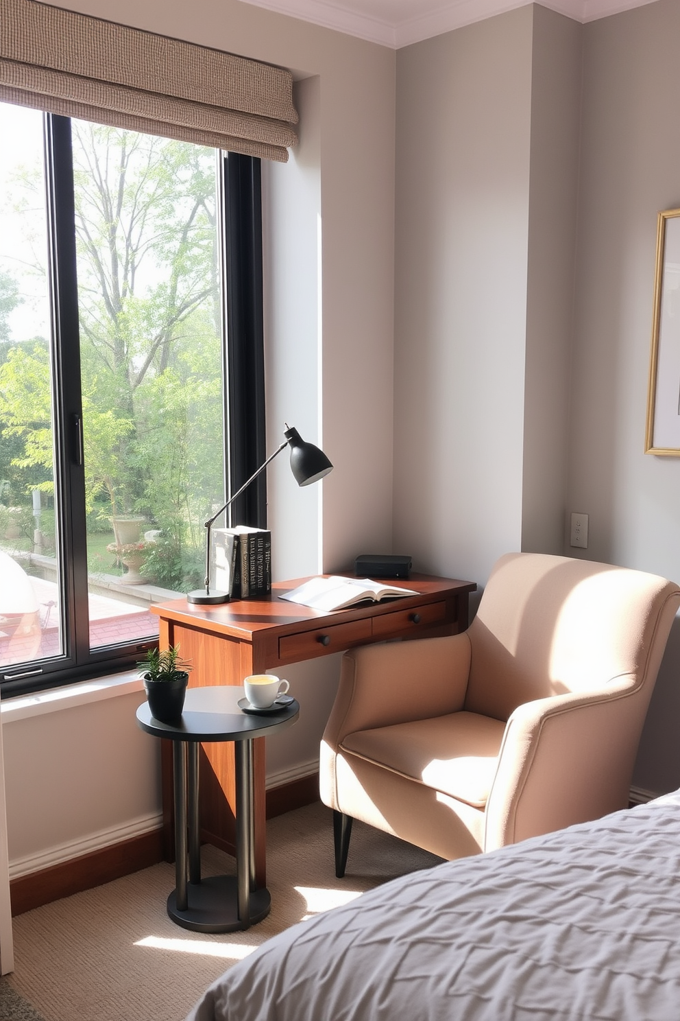 A cozy bedroom reading nook features a small wooden desk positioned by a large window that allows natural light to flood the space. The desk is adorned with a stylish lamp and a few books, creating an inviting atmosphere for reading and writing. A plush armchair is placed next to the desk, upholstered in a soft fabric that complements the room's color scheme. A small side table beside the chair holds a cup of tea and a decorative plant, enhancing the tranquility of the nook.