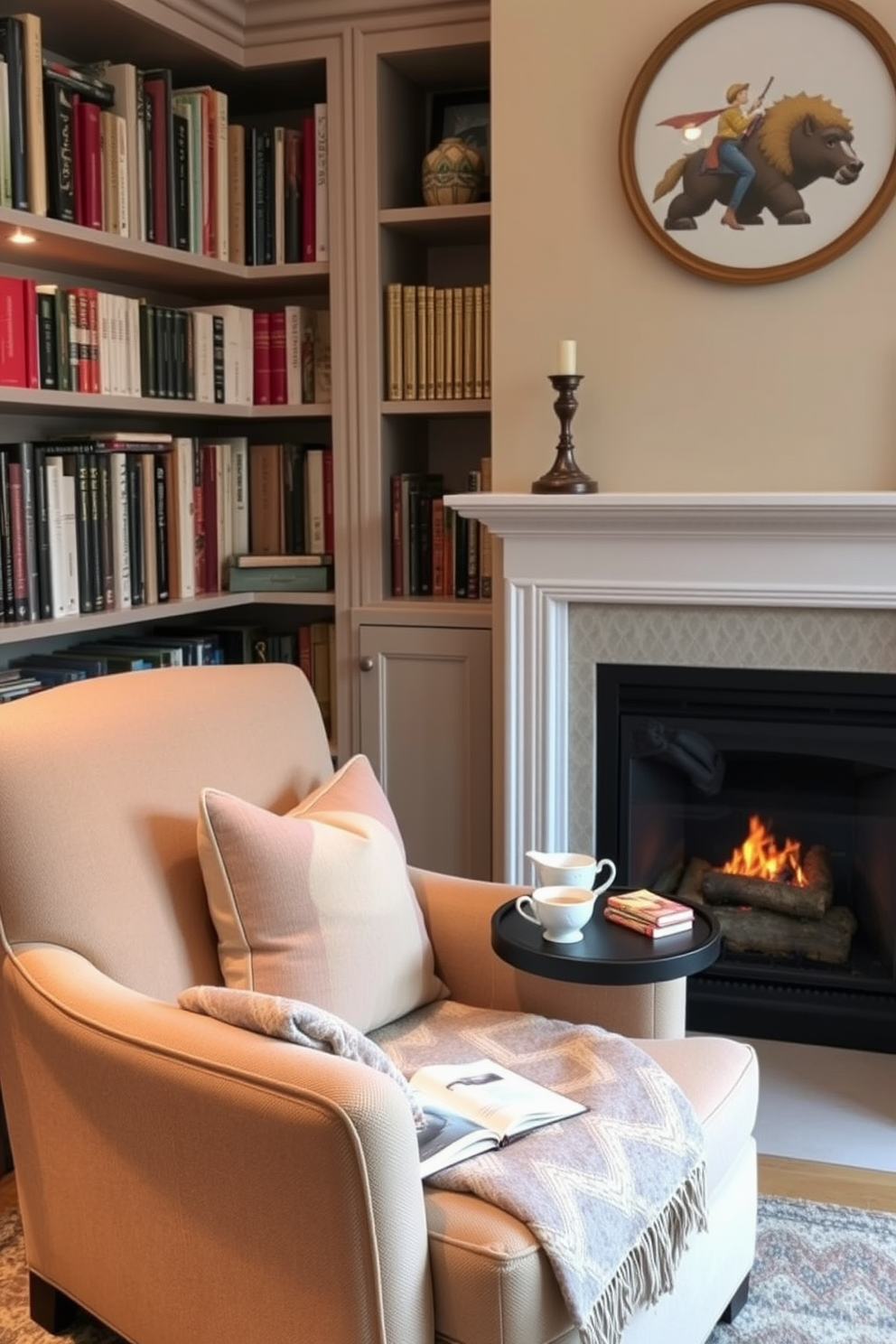 A cozy nook by a fireplace features a plush armchair upholstered in soft fabric. A small side table holds a stack of books and a steaming cup of tea, creating an inviting atmosphere for relaxation. The reading nook is designed with warm tones and soft lighting to enhance comfort. A built-in bookshelf lines the wall, filled with favorite novels and decorative items, while a soft throw blanket drapes over the armchair for added warmth.