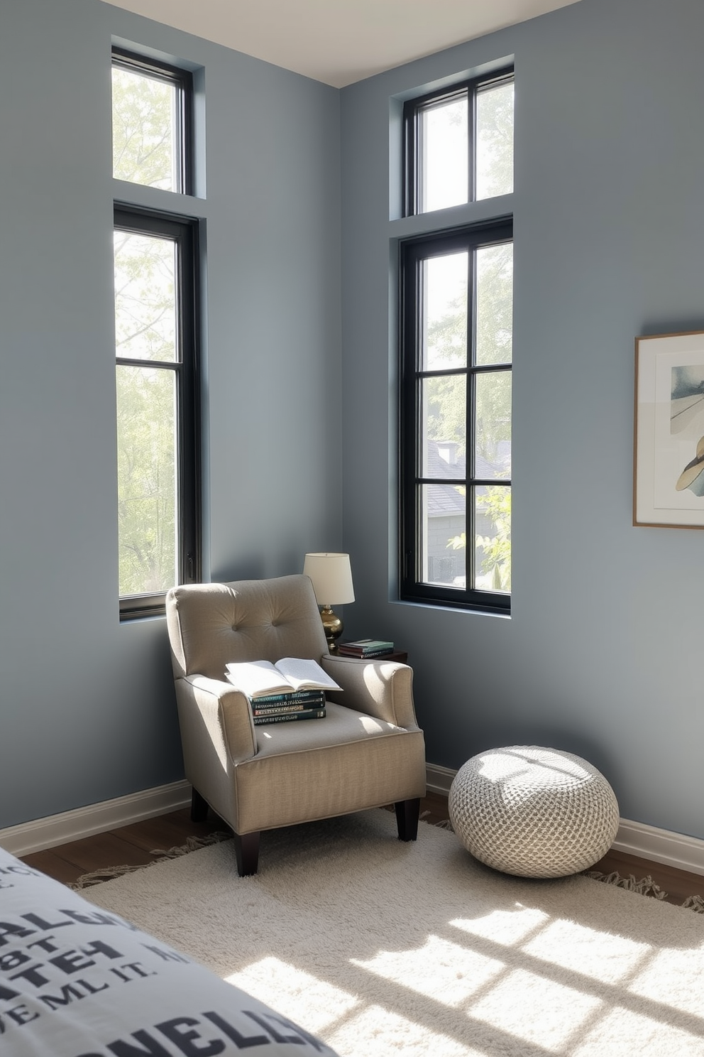 A serene bedroom reading nook bathed in natural light from floor-to-ceiling windows. The nook features a plush armchair in a soft fabric, paired with a small side table holding a stack of books and a cozy lamp. The walls are painted in a calming light blue hue, creating a tranquil atmosphere. A soft area rug lies beneath the chair, adding warmth and comfort to the space.