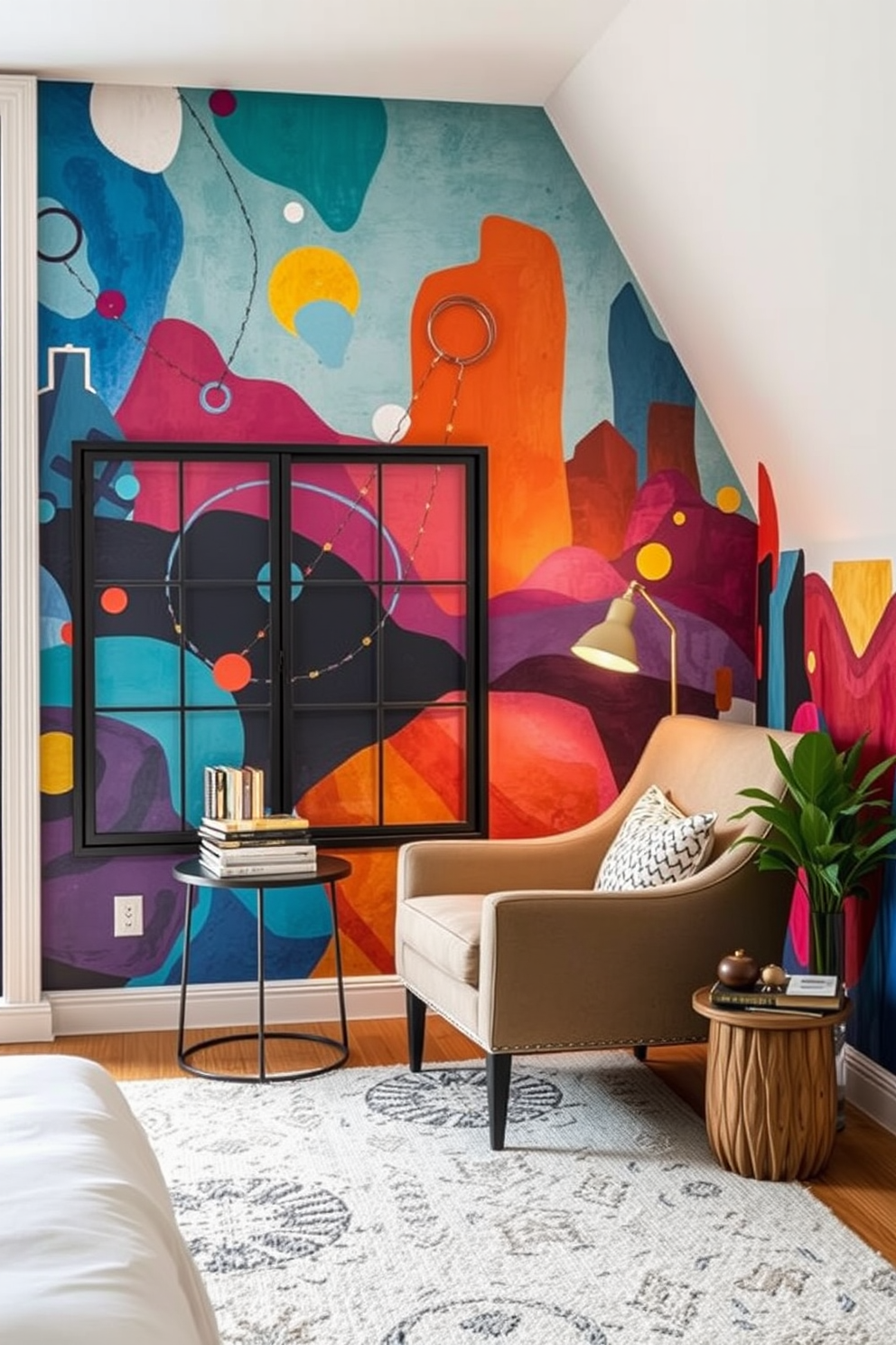 Artistic mural as a backdrop. The mural features vibrant colors and abstract shapes that create an inspiring atmosphere. Bedroom reading nook design ideas. A cozy armchair is positioned near a large window, with a small side table holding a stack of books and a warm lamp.