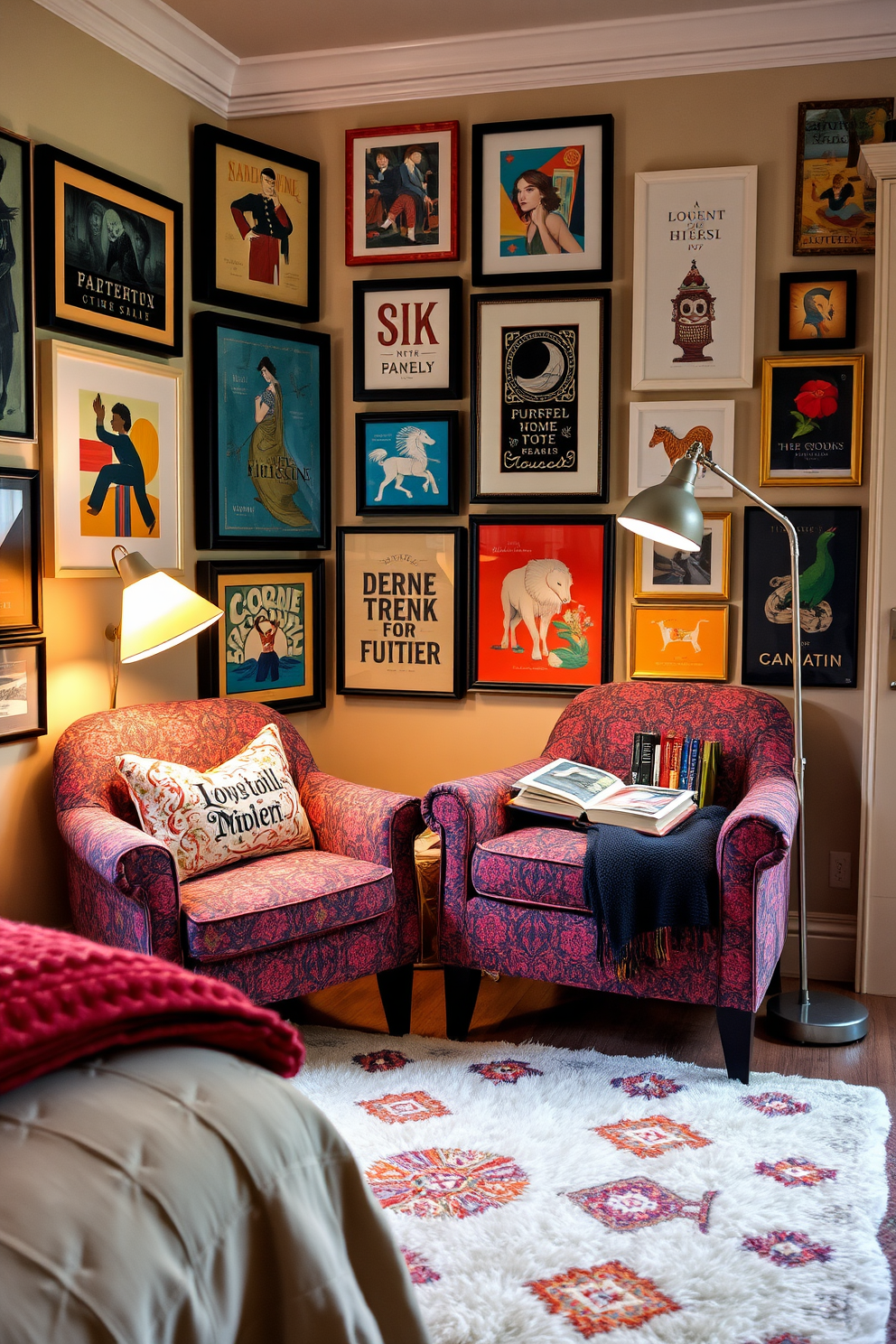 An inviting bedroom reading nook filled with an eclectic mix of textures and patterns. A plush armchair upholstered in a vibrant fabric sits next to a small wooden side table adorned with colorful books and a cozy throw blanket. The walls are decorated with an array of framed prints showcasing various styles and colors. A soft area rug with a playful design anchors the space, while a floor lamp with a unique shade provides warm lighting for reading.