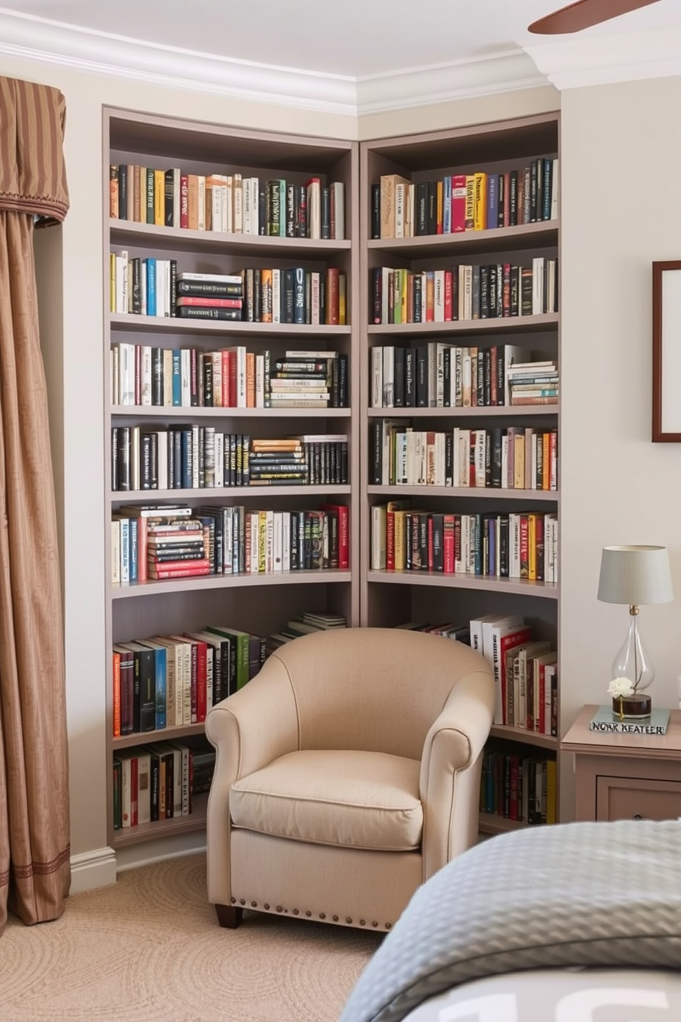 A cozy bedroom reading nook is designed with built-in bookshelves that wrap around the corner. The shelves are filled with an array of books, and a plush armchair is positioned nearby, inviting relaxation.