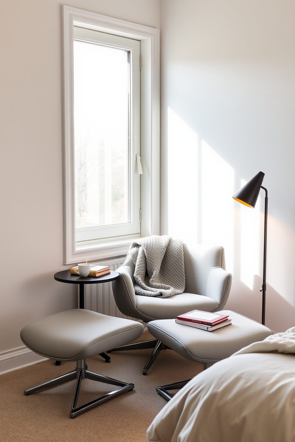 A sleek modern chair with a matching footrest is positioned in a cozy corner, bathed in soft natural light from a nearby window. The chair is upholstered in a light gray fabric, complemented by a plush throw blanket draped over one arm and a small side table holding a stack of books and a steaming cup of tea. Surrounding the reading nook, the walls are painted in a calming pastel hue, creating a serene atmosphere perfect for relaxation. A stylish floor lamp with a warm glow stands nearby, illuminating the space and enhancing the inviting ambiance of the bedroom reading nook.