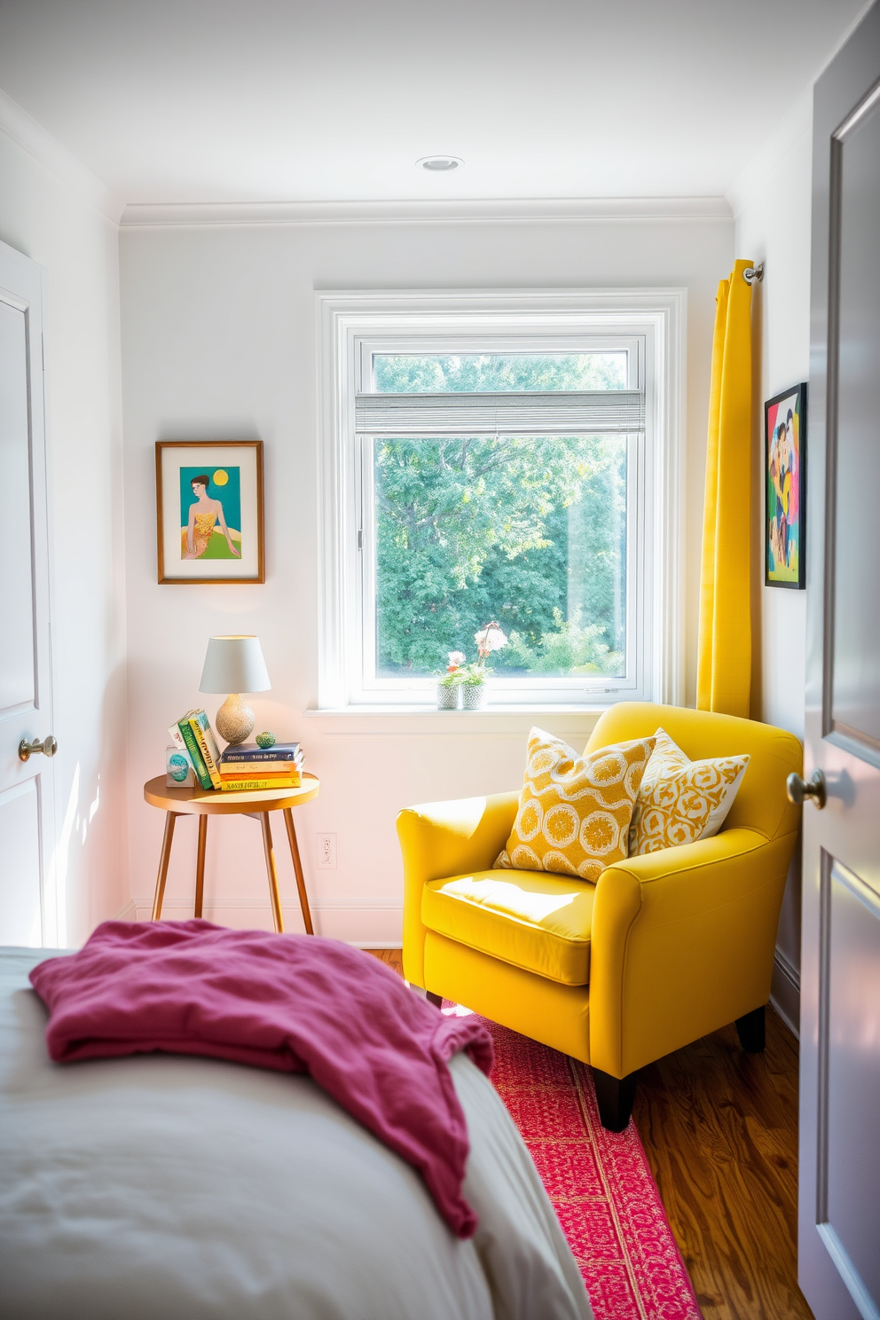 A cozy bedroom reading nook filled with bright accents to energize the space. A plush armchair in vibrant yellow sits in the corner next to a small side table adorned with colorful books and a decorative lamp. The walls are painted in a soft white to enhance the brightness of the area. A large window allows natural light to flood in, complemented by cheerful patterned cushions on the armchair and a bright area rug beneath.