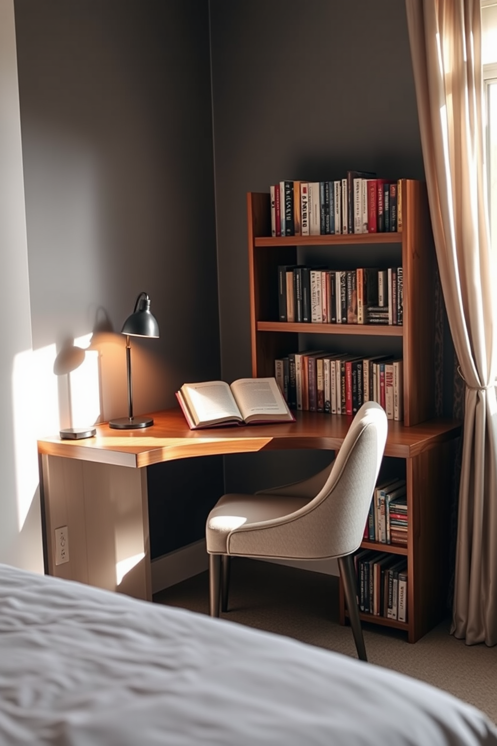 A cozy bedroom reading nook featuring a comfortable armchair upholstered in soft fabric. A small side table holds a steaming cup of tea and a stack of books, while lighted wall art casts a warm glow over the space. The nook is positioned by a large window, allowing natural light to filter in during the day. Surrounding the area are shelves filled with an array of novels and decorative items, creating an inviting atmosphere.