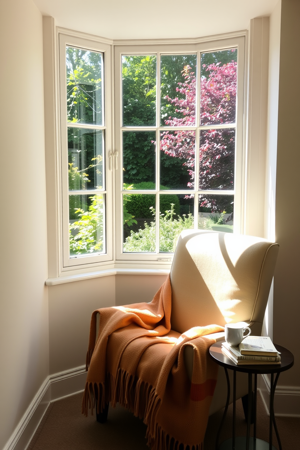 A cozy nook with a large window overlooking a lush garden. Soft natural light floods the space, highlighting a plush armchair draped with a warm throw blanket. The walls are painted in a calming pastel hue, creating a serene atmosphere. A small side table holds a stack of books and a steaming cup of tea, inviting relaxation and enjoyment.