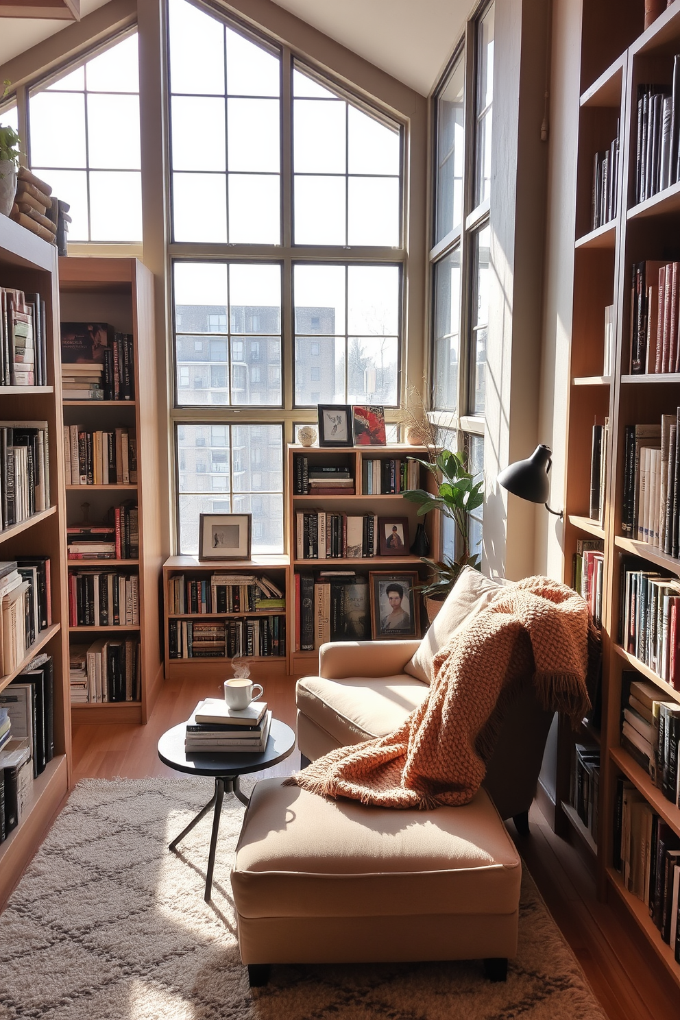 A cozy reading nook nestled in a spacious loft with large windows allowing natural light to flood the area. The nook features a plush armchair in a soft fabric, accompanied by a small side table holding a stack of books and a steaming cup of tea. Surrounding the nook are built-in bookshelves filled with an eclectic mix of novels and decorative items. A warm, textured throw blanket is draped over the armchair, and a soft area rug adds comfort underfoot, creating an inviting atmosphere for quiet reading moments.