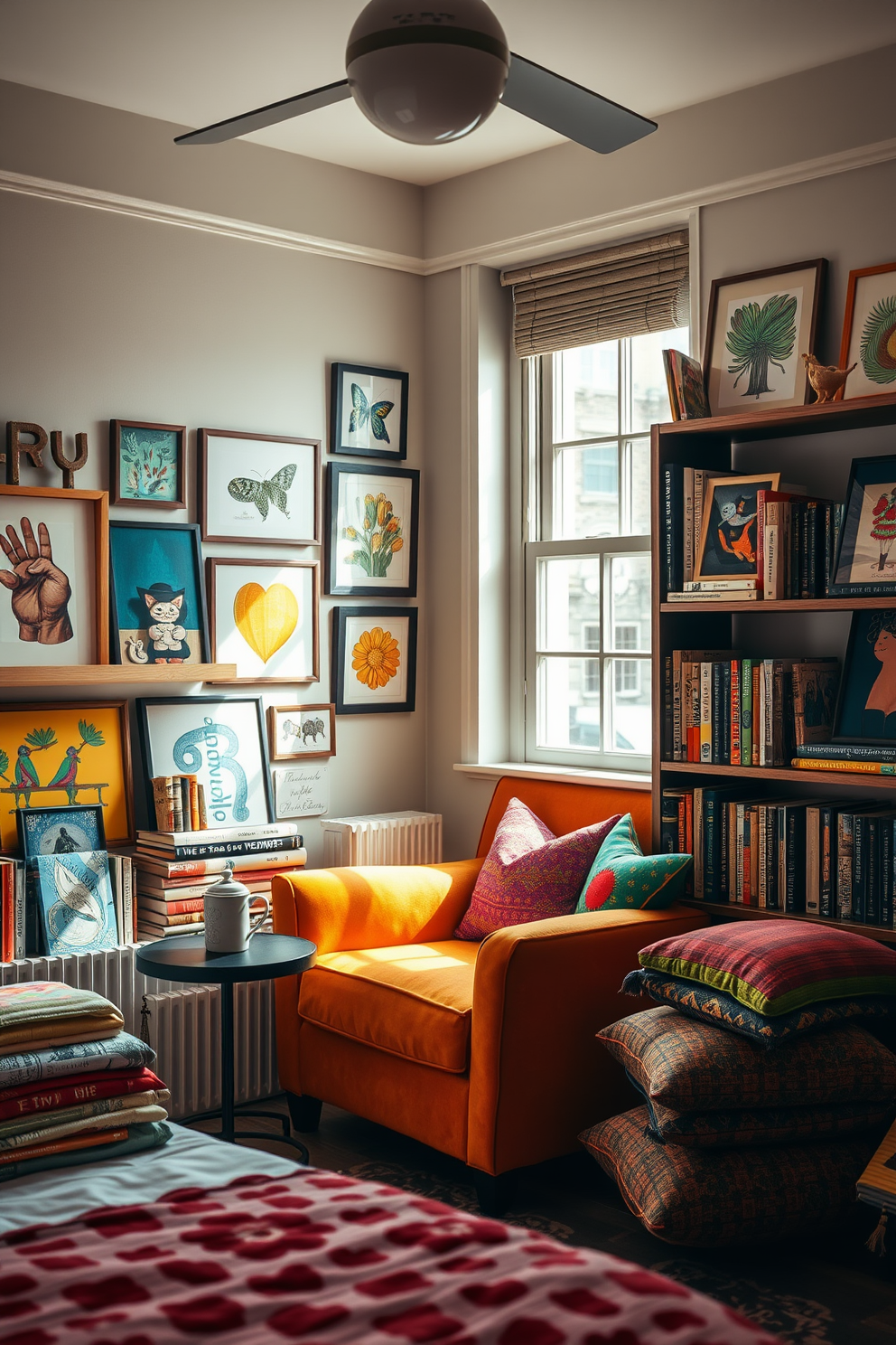 A cozy bedroom reading nook filled with quirky artwork that inspires creativity. The nook features a plush armchair in a vibrant color, surrounded by shelves displaying eclectic art pieces and books. Natural light streams in through a large window, illuminating the space and creating a warm atmosphere. A small side table holds a steaming cup of tea and a stack of colorful cushions for added comfort.