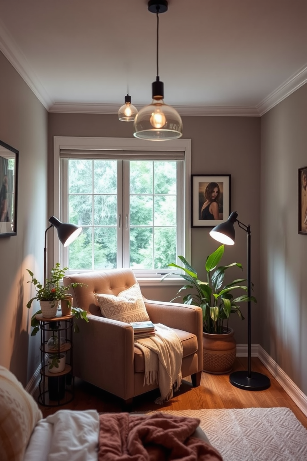 A cozy bedroom reading nook featuring layered lighting that creates a warm and inviting atmosphere. A plush armchair is positioned beside a large window, with a small side table holding a stack of books and a soft throw blanket draped over the armrest. Soft pendant lights hang from the ceiling, casting a gentle glow, while a floor lamp with a dimmer switch stands nearby for adjustable brightness. The nook is adorned with lush greenery and framed artwork that adds personality to the space.