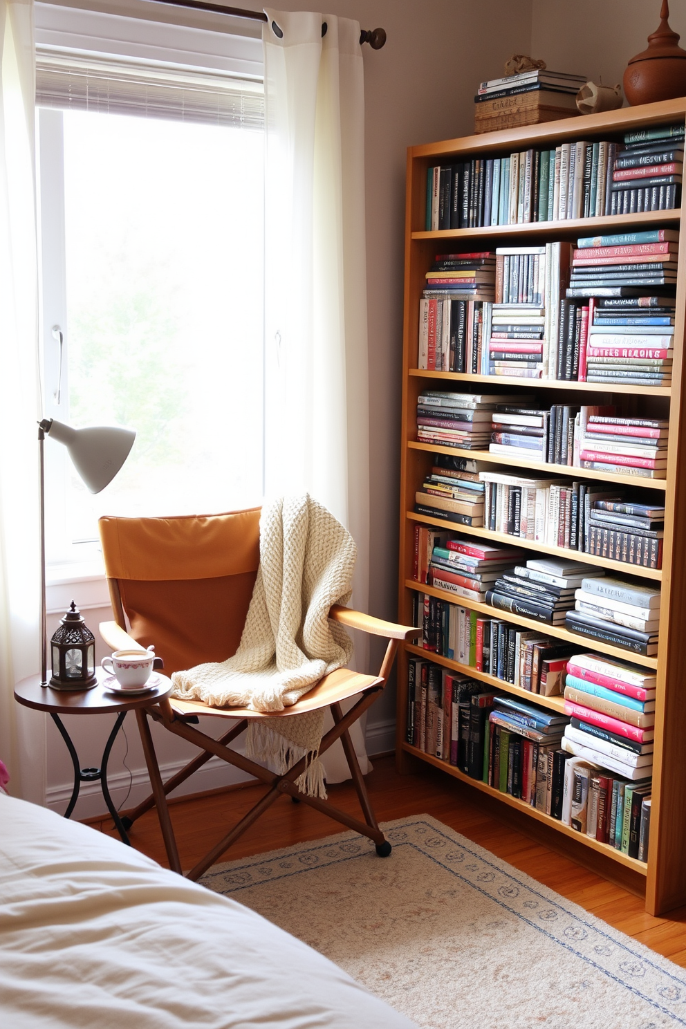 A cozy bedroom reading nook featuring a comfortable folding chair positioned next to a tall bookshelf filled with an array of colorful novels. Soft, natural light filters in through a nearby window, creating an inviting atmosphere perfect for relaxation and reading. The folding chair is upholstered in a warm fabric, complemented by a plush throw blanket draped over one arm. A small side table holds a steaming cup of tea and a decorative lamp, enhancing the nook's charm and functionality.