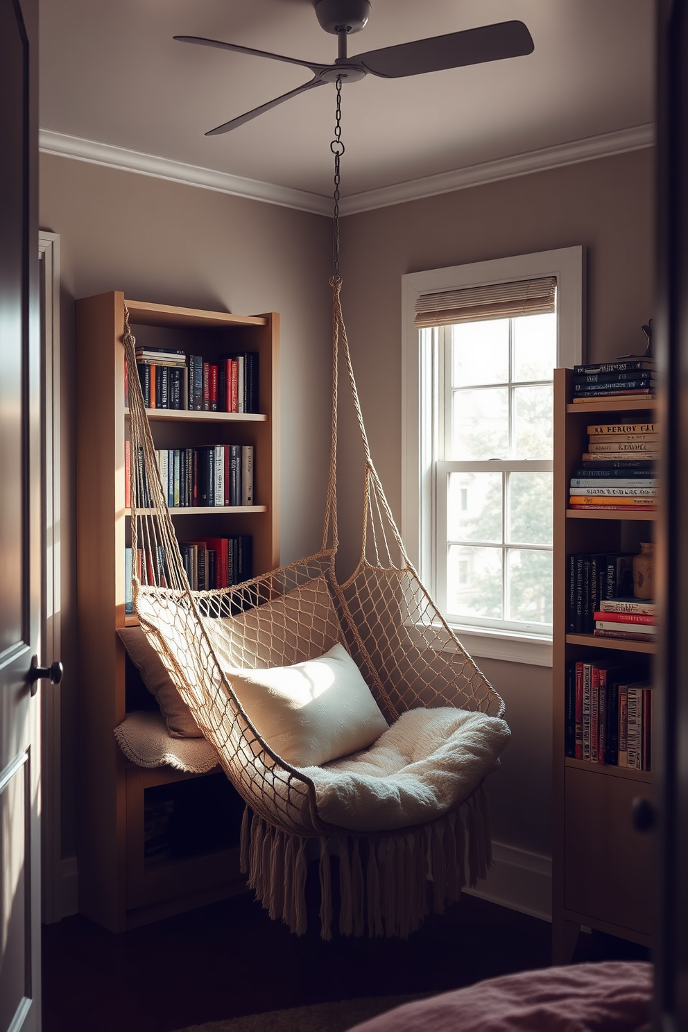 A cozy bedroom nook featuring a hammock chair in the corner. The space is adorned with soft, neutral tones and surrounded by lush indoor plants for a serene atmosphere.