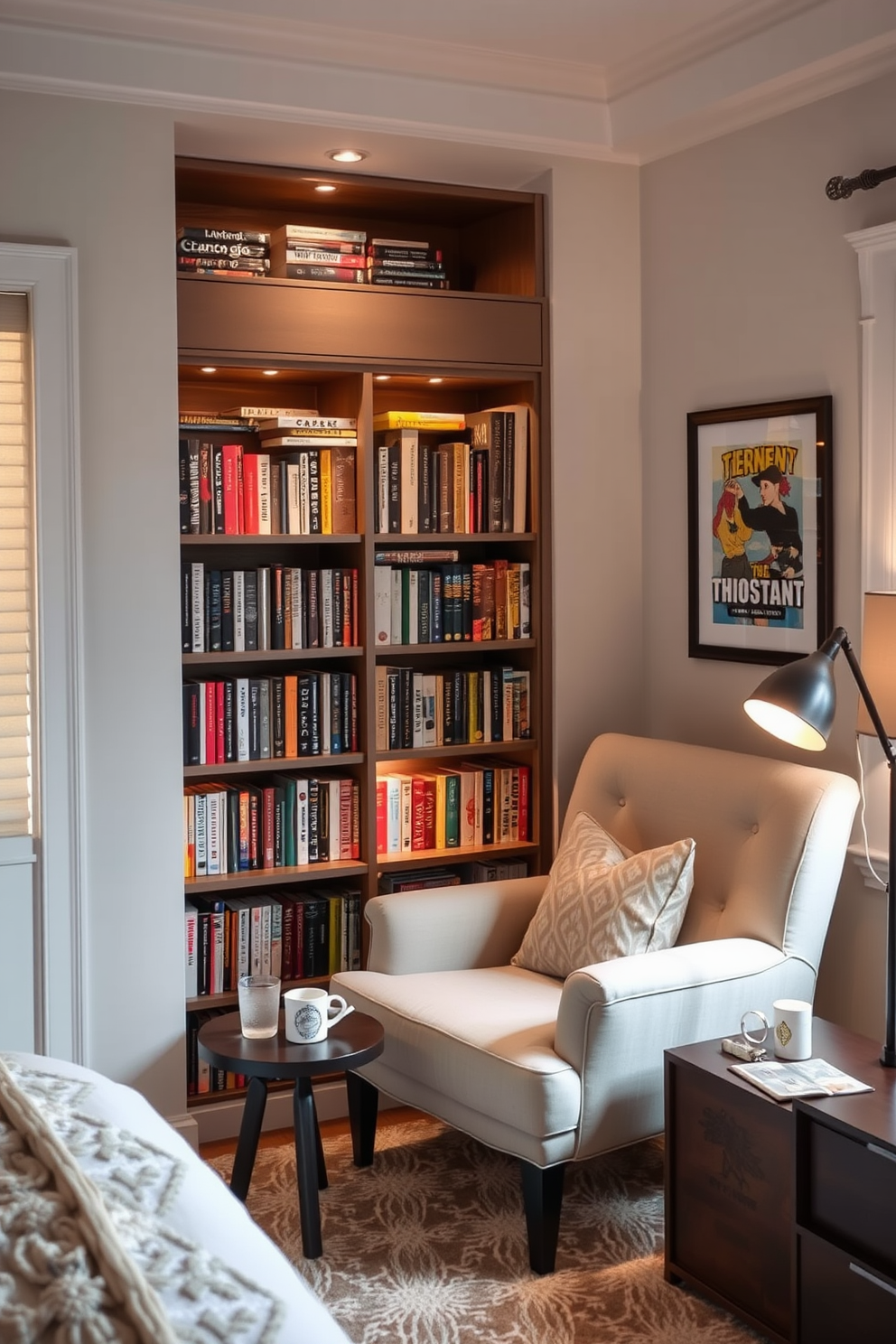 A cozy reading nook in a bedroom featuring a personalized bookshelf filled with favorite titles. The nook includes a comfortable armchair with soft cushions, a small side table for drinks, and warm ambient lighting to create a relaxing atmosphere.