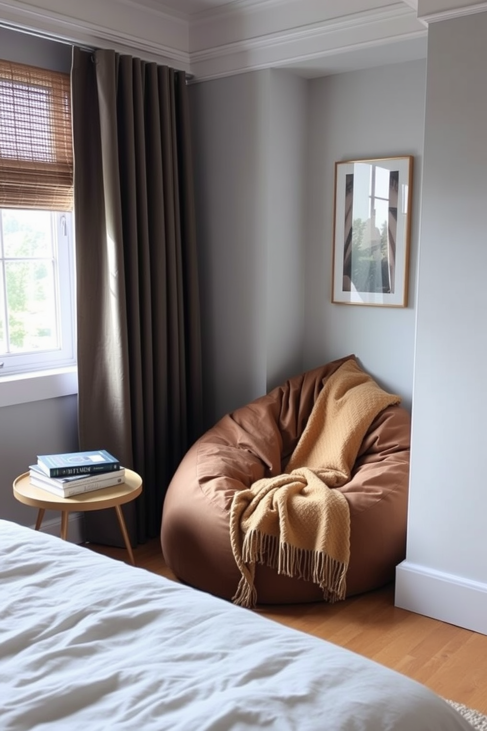 A cozy bedroom reading nook featuring an oversized bean bag in a soft fabric that invites relaxation. Natural light filters in through a nearby window, highlighting a small side table with a stack of books and a warm blanket draped over the bean bag.