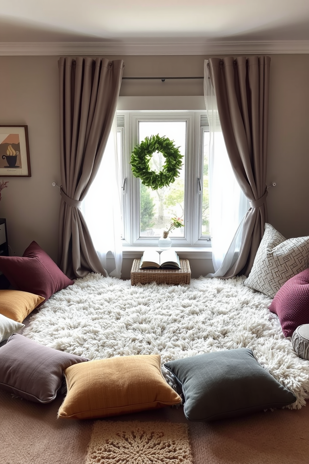 A cozy bedroom reading nook featuring a soft, plush rug that invites relaxation. Surrounding the nook are floor cushions in various textures and colors, creating a warm and inviting atmosphere.