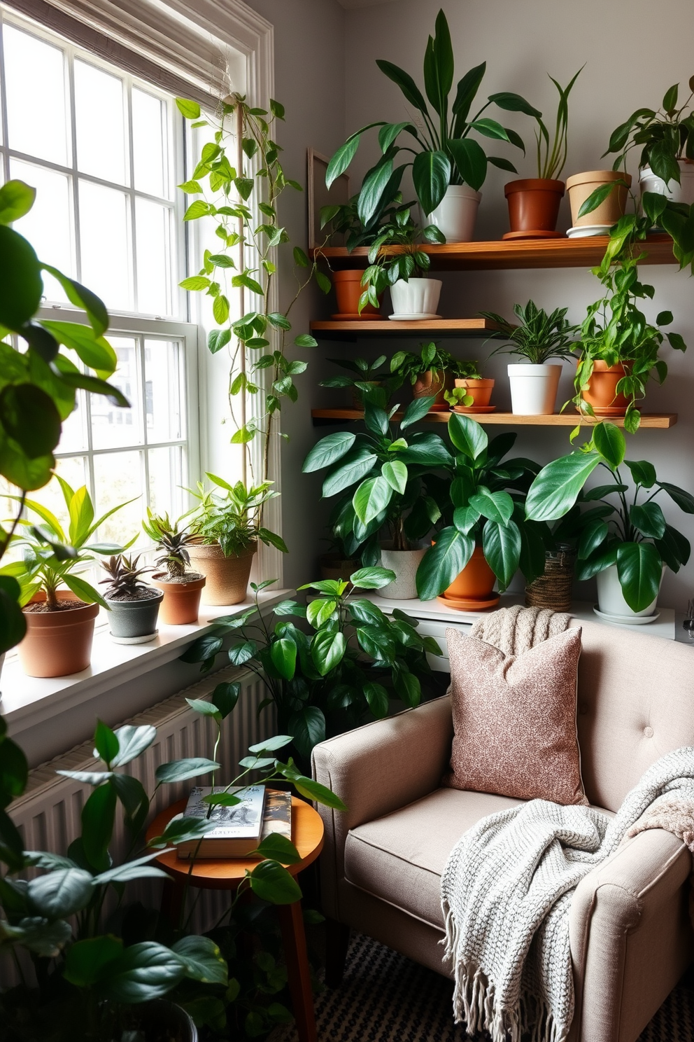 A cozy bedroom reading nook featuring a narrow window seat adorned with plush pillows in various textures and colors. Soft natural light filters through the window, creating an inviting atmosphere for relaxation and reading.