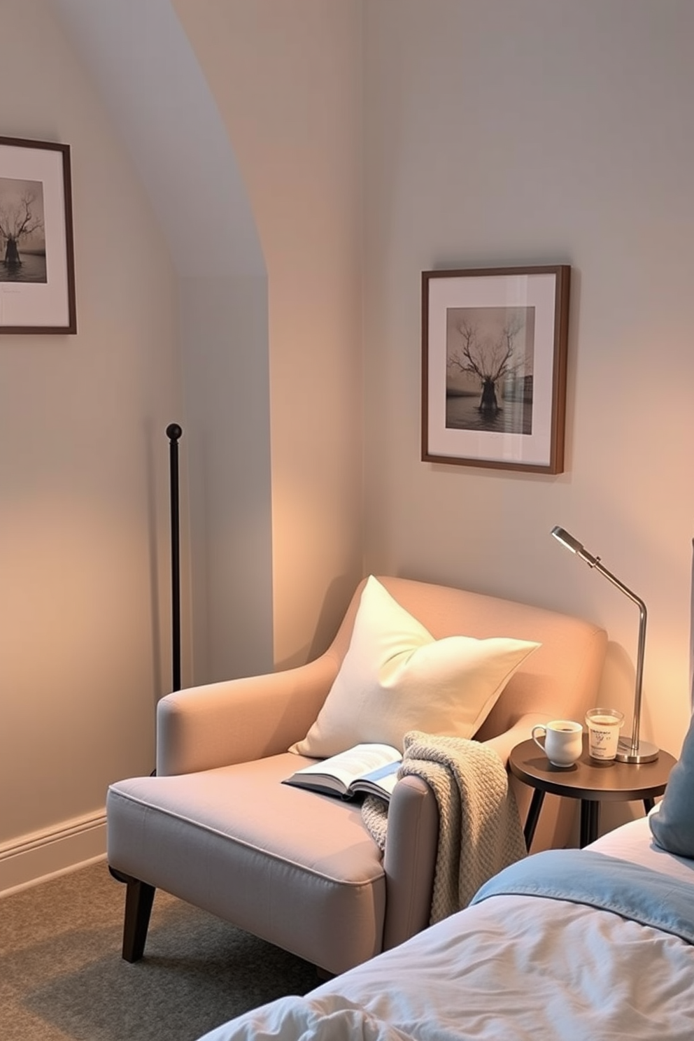 A cozy bedroom reading nook featuring a plush armchair in a soft fabric color. The nook is illuminated by a stylish reading light with adjustable brightness positioned next to the chair. A small side table holds a stack of books and a steaming cup of tea. The walls are adorned with calming artwork, and a soft throw blanket is draped over the armchair for added comfort.