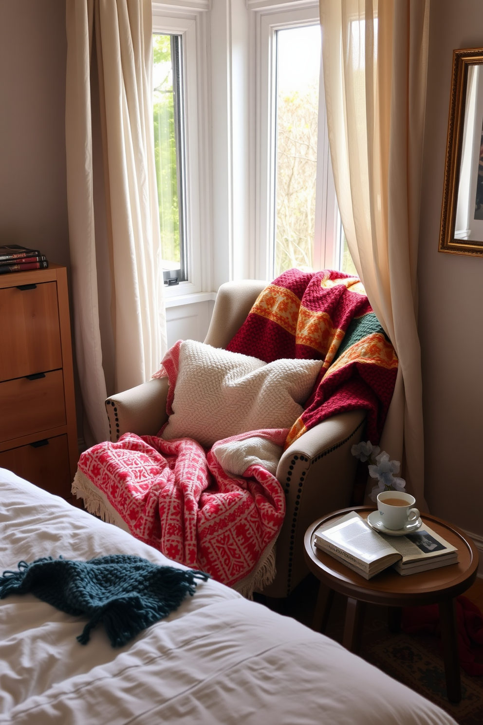 A cozy reading nook in a bedroom filled with colorful throw blankets draped over a plush armchair. Soft natural light filters through a nearby window, illuminating a small side table stacked with books and a steaming cup of tea.